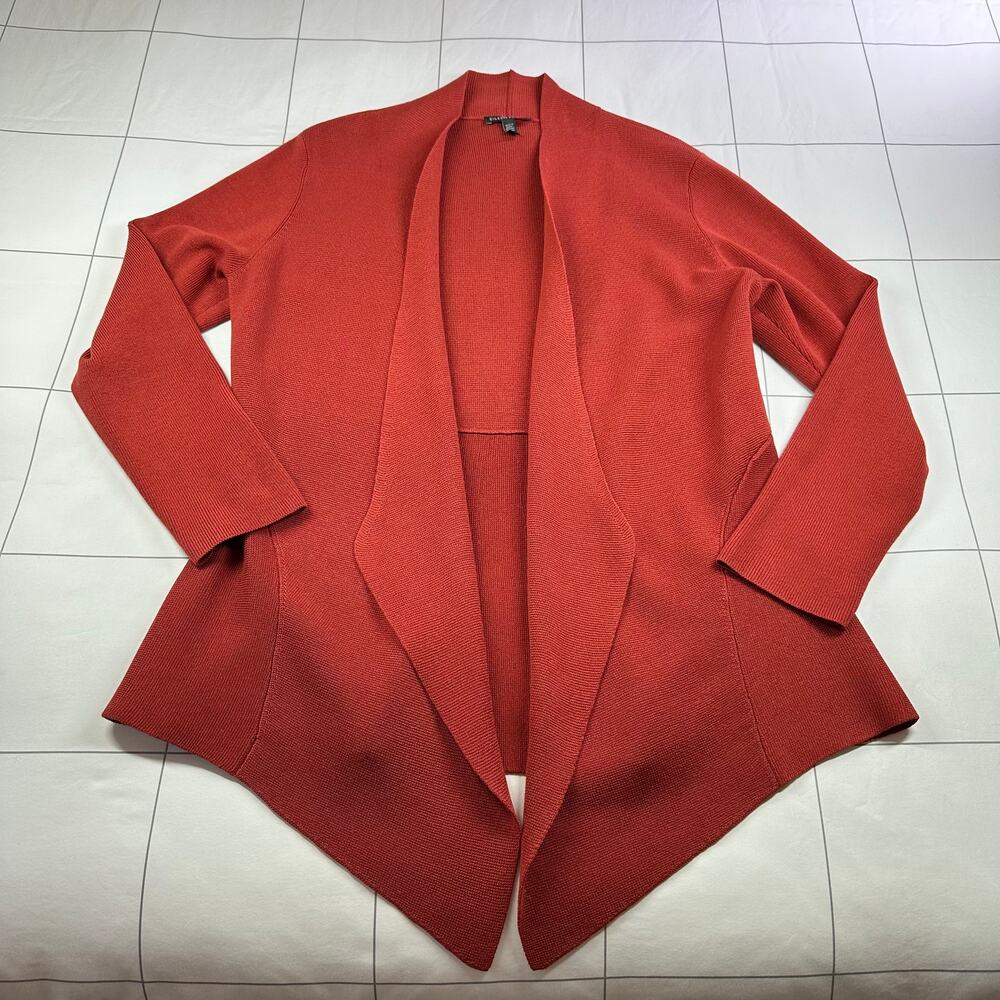 Eileen Fisher Sweater Womens Medium Rust Red Orange Open Cardigan Knit Waterfall